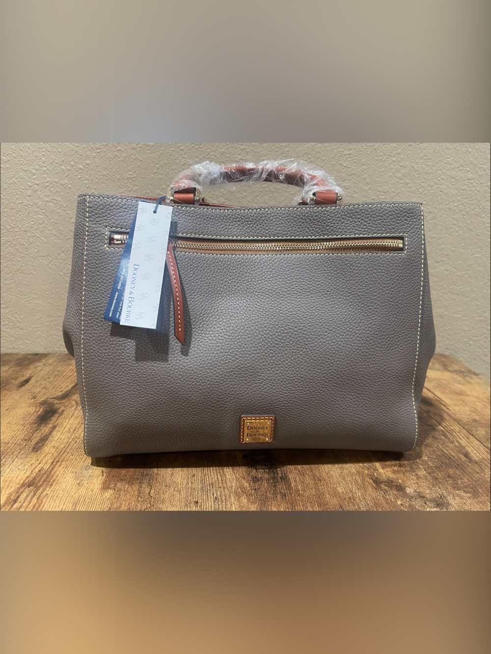 Dooney & Bourke Pebble Leather Satchel - Gray with Tan Accents